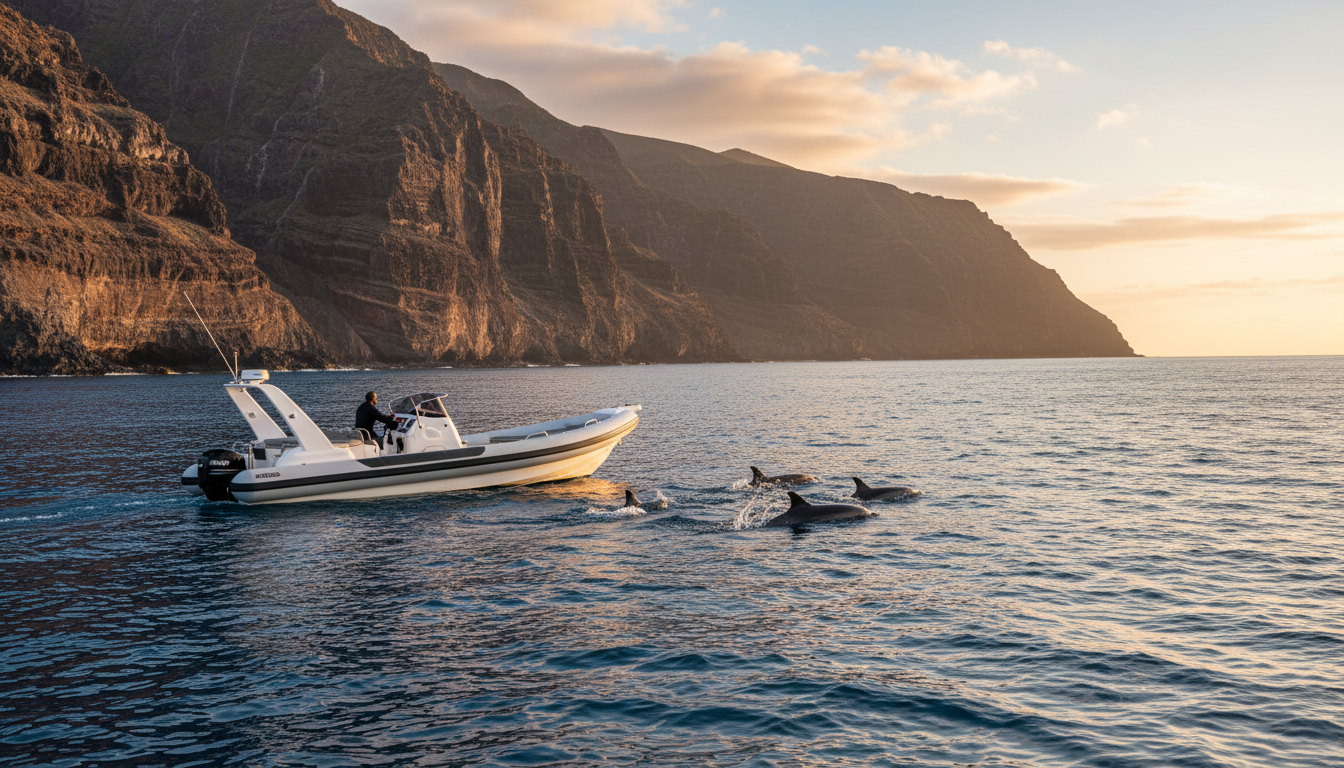 Barco de avistamiento de delfines en Gran Canaria navegando junto a un grupo de delfines